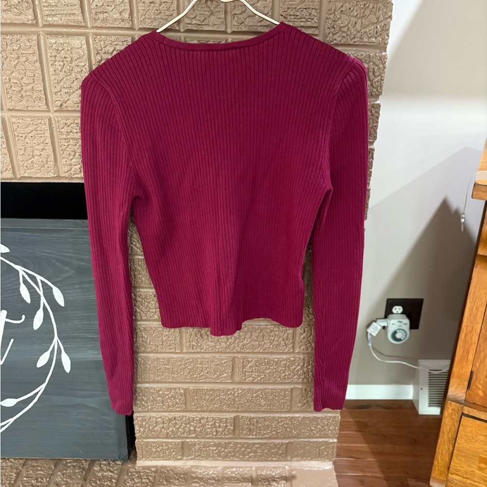 LOFT Women's Deep Red Ribbed Cardigan - Picture 3 of 7